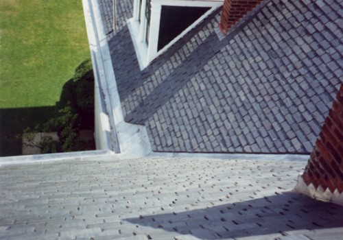 Birds Eye View Of Random Slate Roof With Built-In Gutters. All Metal Work Was Done In Lifetime, Terne Coated Stainless Steel. Troy, NY